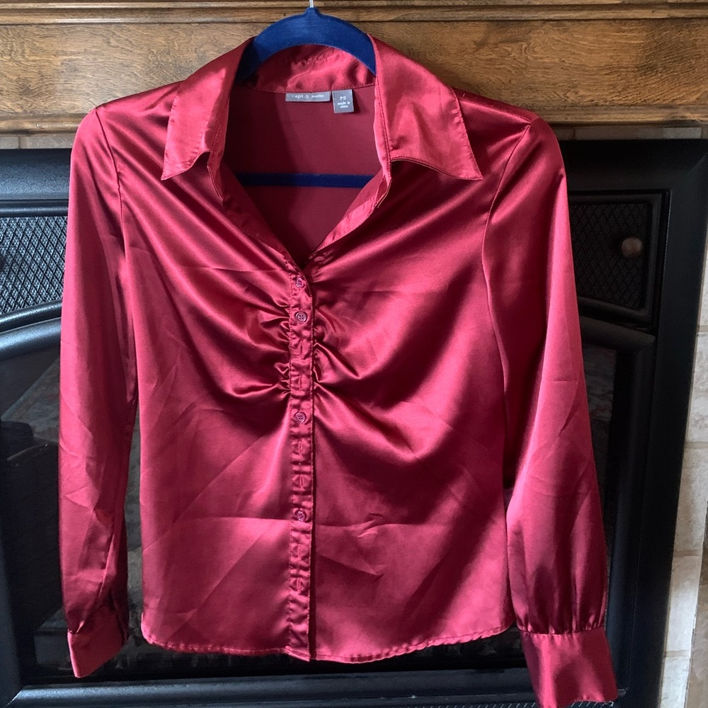 Silky red gathered blouse petite